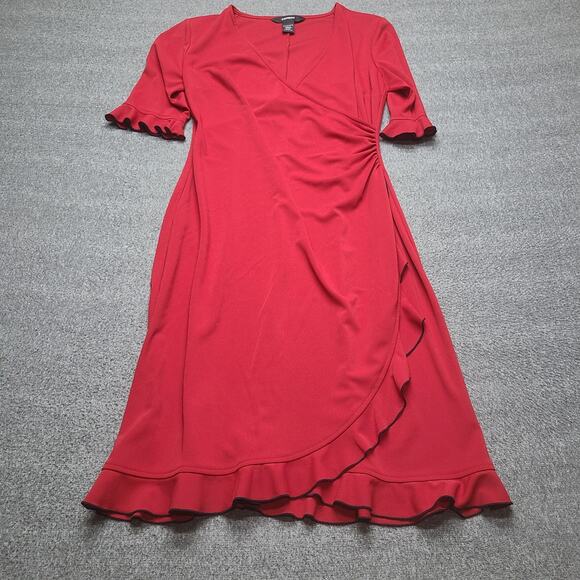 Express Dress Womens 11/12 Wrap A Line Ruffle Short Sleeve V Neck Midi Cocktail - Picture 2 of 9